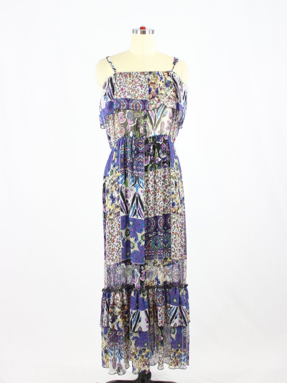 BEBE Patch Esprit Floral Patchwork Crinkle Chiffon Ruffle Maxi Dress, Size XS